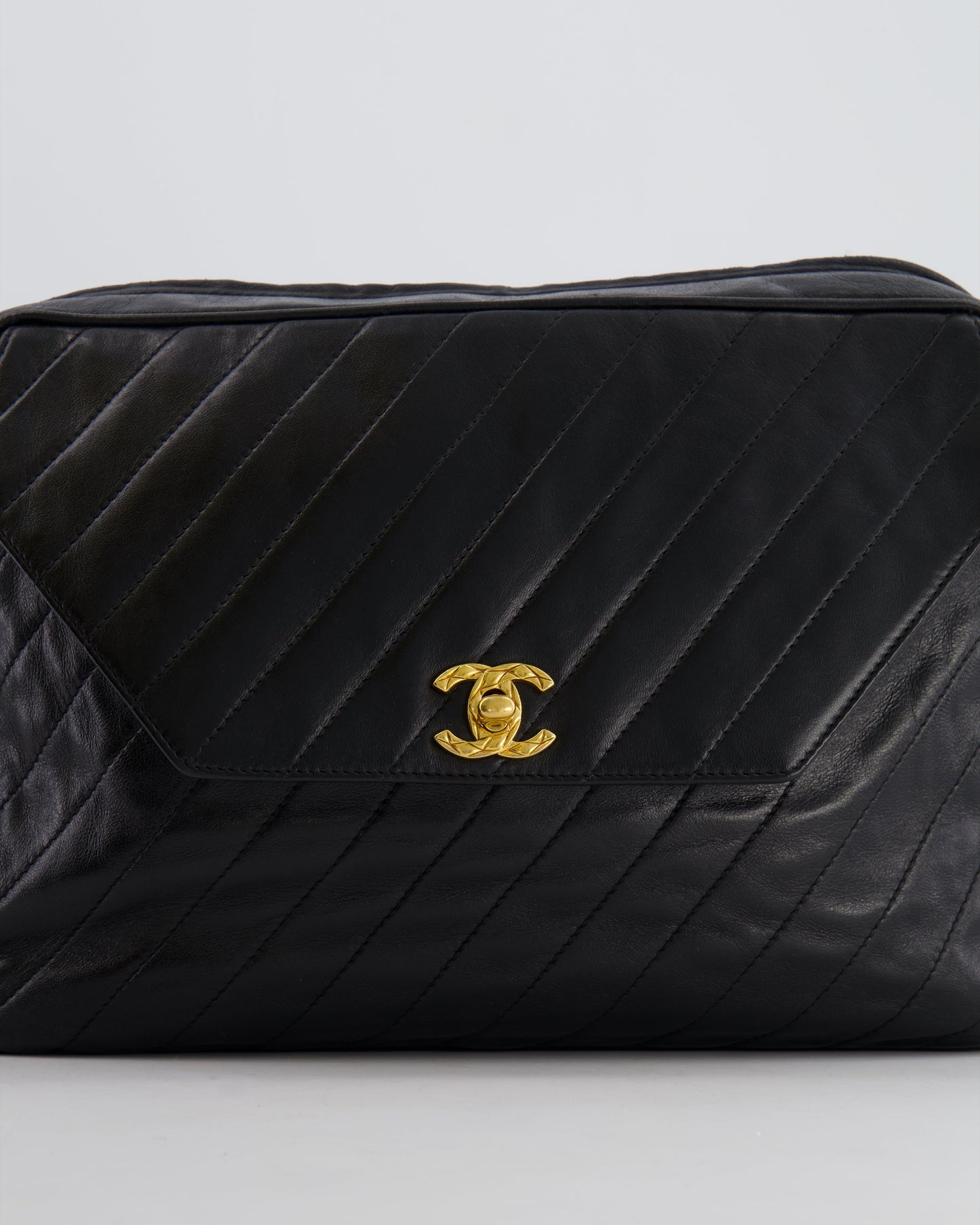 Chanel Vintage Black Large Camera Bag in Lambskin Leather with Front Pocket with 24k Gold Hardware