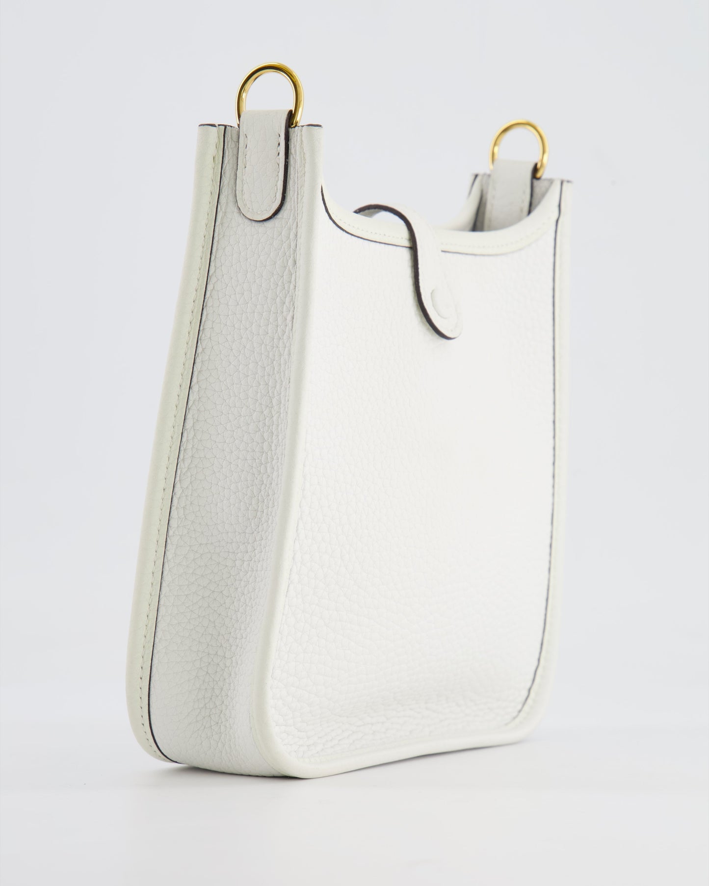 Hermès Mini Evelyne Bag in White Clemence Leather with Gold Hardware and White Canvas Strap