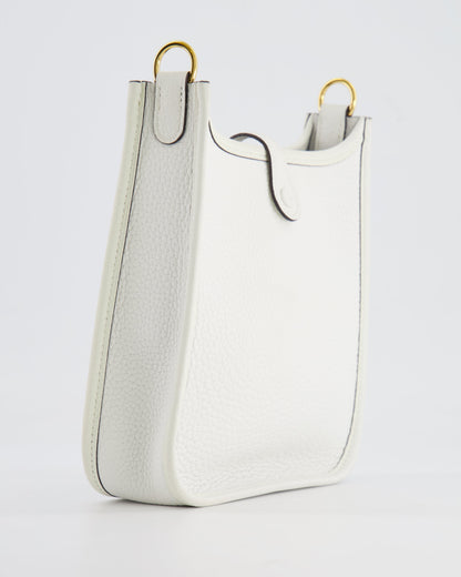 Hermès Mini Evelyne Bag in White Clemence Leather with Gold Hardware and White Canvas Strap