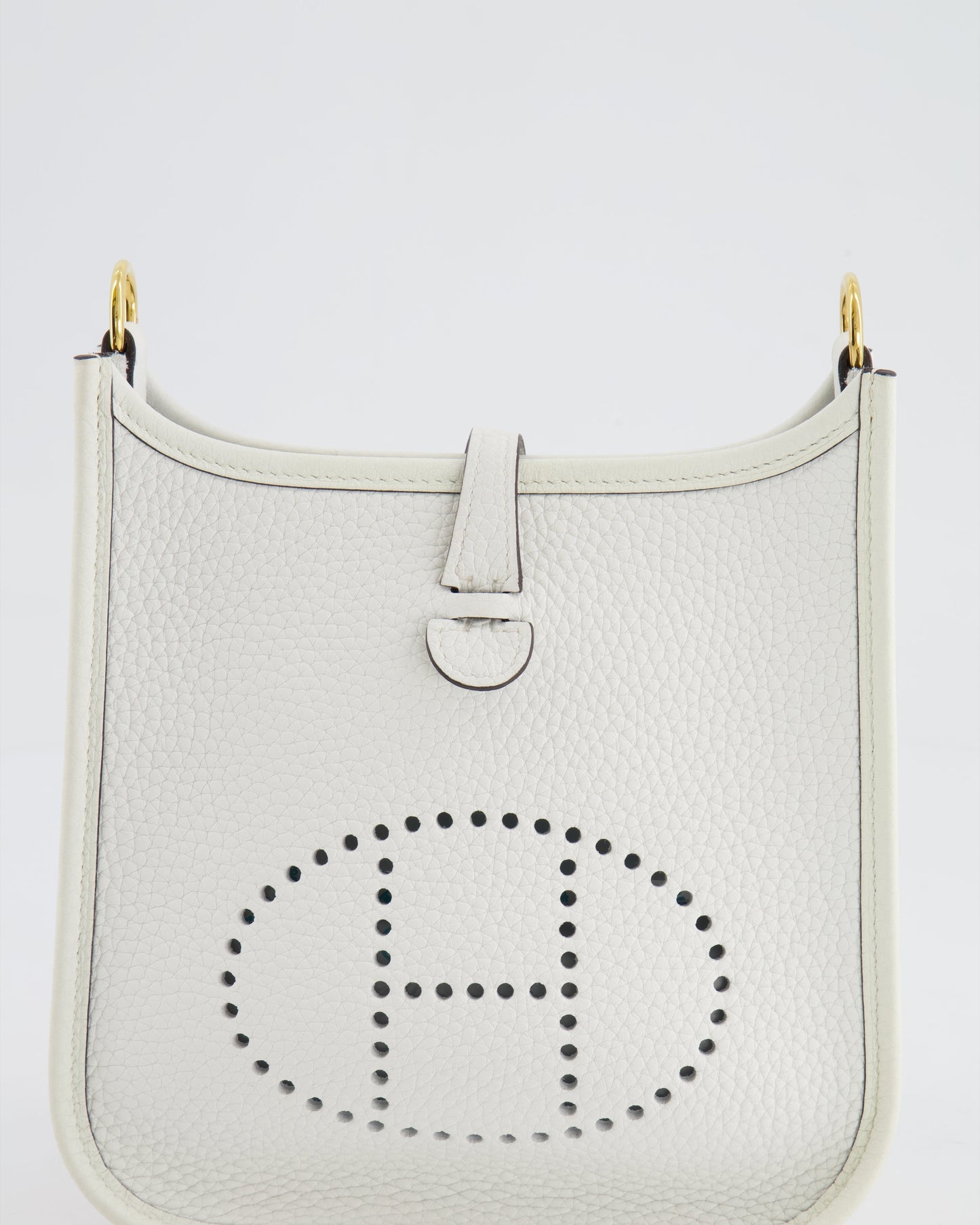 Hermès Mini Evelyne Bag in White Clemence Leather with Gold Hardware and White Canvas Strap