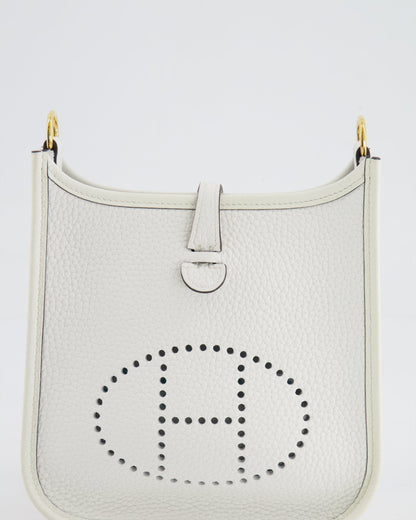 Hermès Mini Evelyne Bag in White Clemence Leather with Gold Hardware and White Canvas Strap