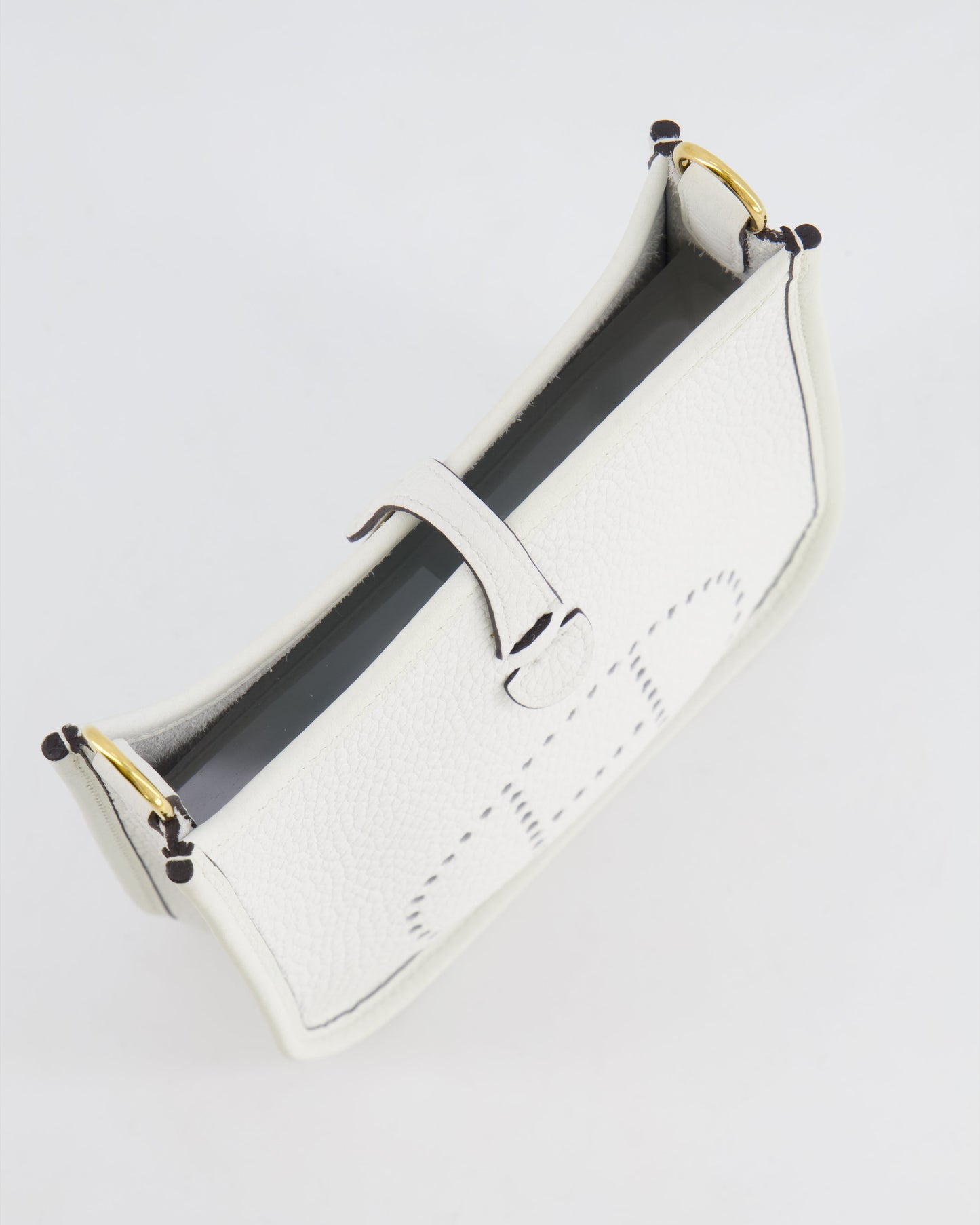 Hermès Mini Evelyne Bag in White Clemence Leather with Gold Hardware and White Canvas Strap