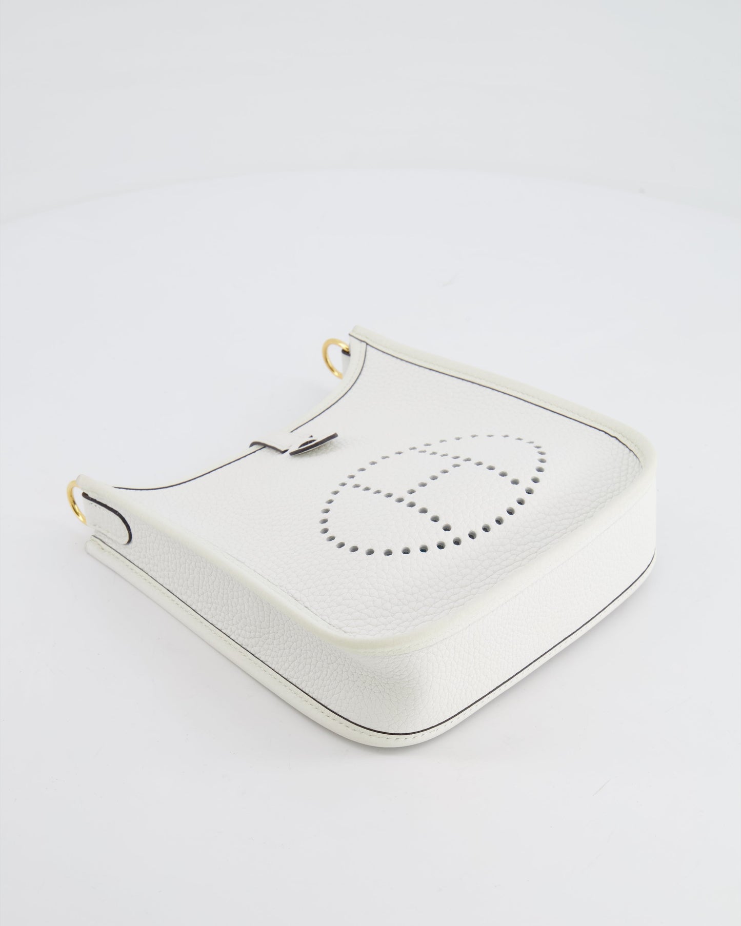 Hermès Mini Evelyne Bag in White Clemence Leather with Gold Hardware and White Canvas Strap