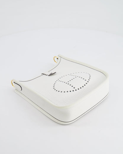 Hermès Mini Evelyne Bag in White Clemence Leather with Gold Hardware and White Canvas Strap