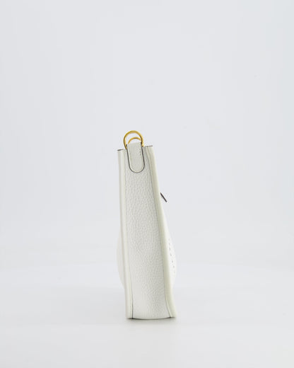 Hermès Mini Evelyne Bag in White Clemence Leather with Gold Hardware and White Canvas Strap