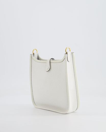Hermès Mini Evelyne Bag in White Clemence Leather with Gold Hardware and White Canvas Strap