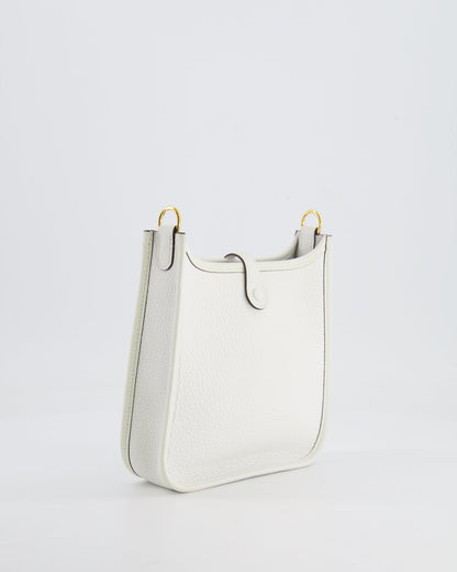 Hermès Mini Evelyne Bag in White Clemence Leather with Gold Hardware and White Canvas Strap