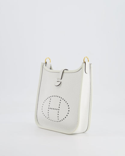 Hermès Mini Evelyne Bag in White Clemence Leather with Gold Hardware and White Canvas Strap