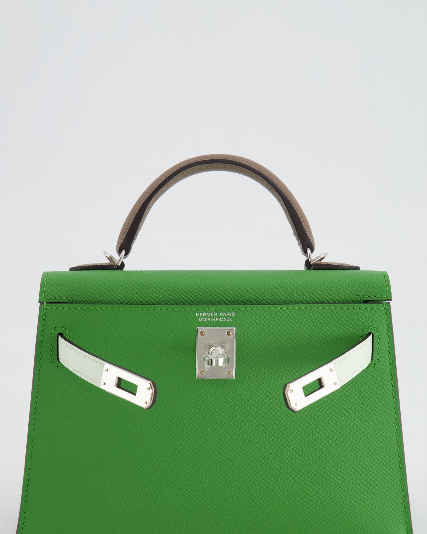 *RARE* Hermès Mini Kelly II Tricolour 20cm Bag In Vert Yucca, Vert Fizz and Etoupe Epsom Leather with Palladium Hardware