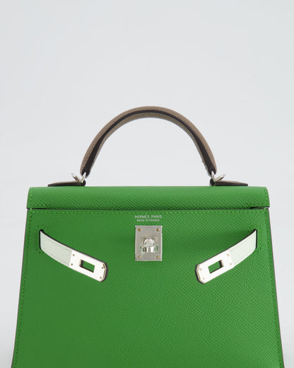 *RARE* Hermès Mini Kelly II Tricolour 20cm Bag In Vert Yucca, Vert Fizz and Etoupe Epsom Leather with Palladium Hardware