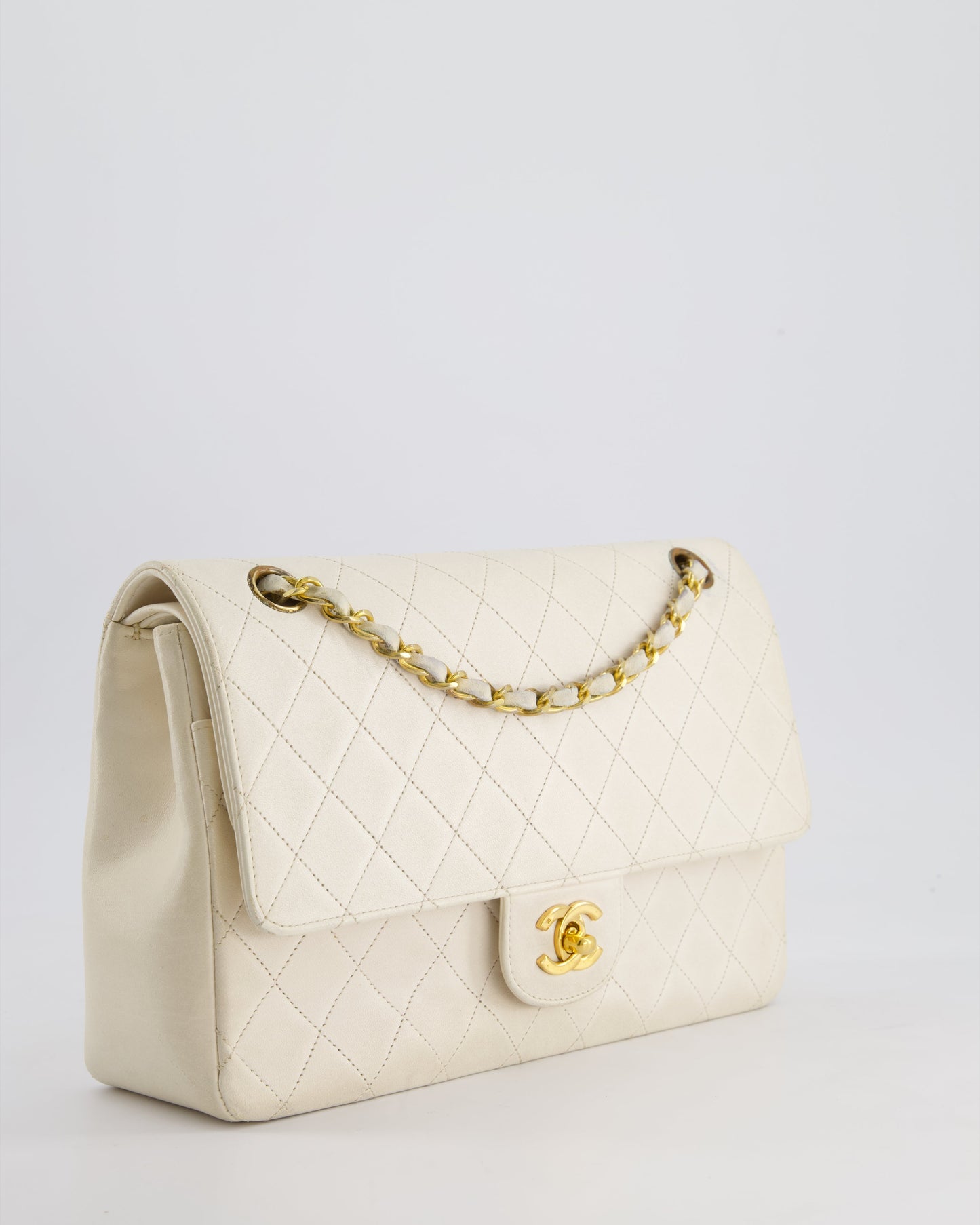 Chanel Vintage White Medium Classic Double Flap Bag in Lambskin Leather with 24K Gold Hardware