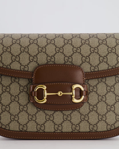 Gucci Horsebit 1955 Medium Shoulder Bag in Beige/Dark Brown GG Supreme Monogram Canvas & Brown Leather Trim with Gold Hardware RRP £2,400