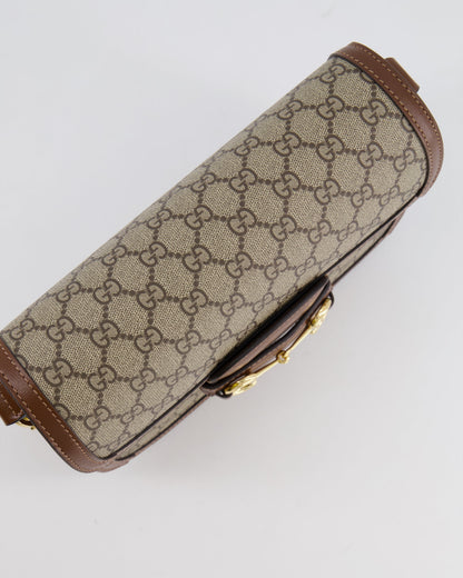 Gucci Horsebit 1955 Medium Shoulder Bag in Beige/Dark Brown GG Supreme Monogram Canvas & Brown Leather Trim with Gold Hardware RRP £2,400