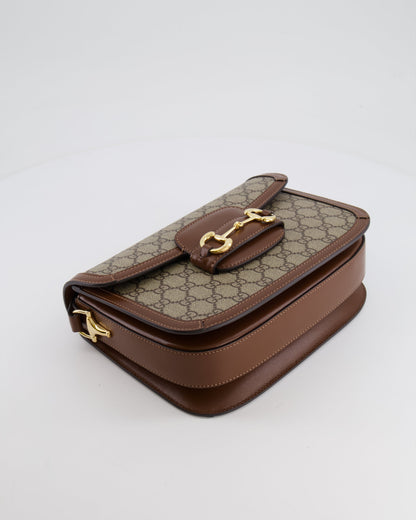 Gucci Horsebit 1955 Medium Shoulder Bag in Beige/Dark Brown GG Supreme Monogram Canvas &amp; Brown Leather Trim with Gold Hardware RRP £2,400