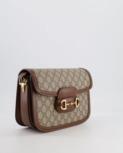 Gucci Horsebit 1955 Medium Shoulder Bag in Beige/Dark Brown GG Supreme Monogram Canvas &amp; Brown Leather Trim with Gold Hardware RRP £2,400