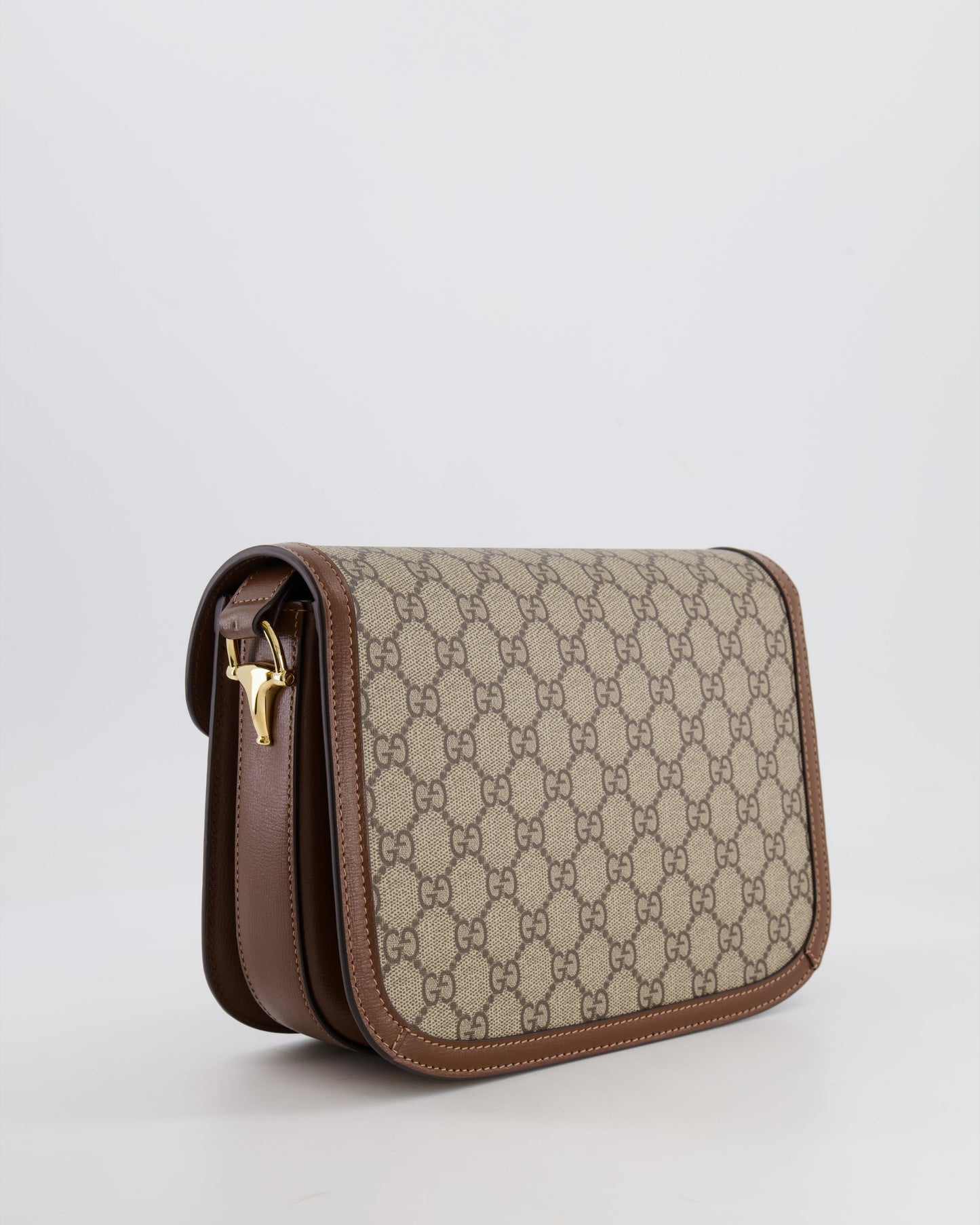 Gucci Horsebit 1955 Medium Shoulder Bag in Beige/Dark Brown GG Supreme Monogram Canvas & Brown Leather Trim with Gold Hardware RRP £2,400