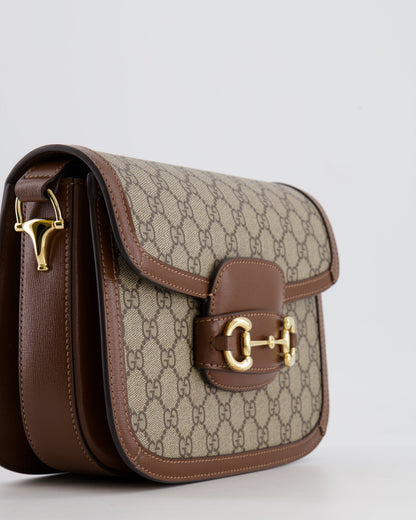 Gucci Horsebit 1955 Medium Shoulder Bag in Beige/Dark Brown GG Supreme Monogram Canvas &amp; Brown Leather Trim with Gold Hardware RRP £2,400