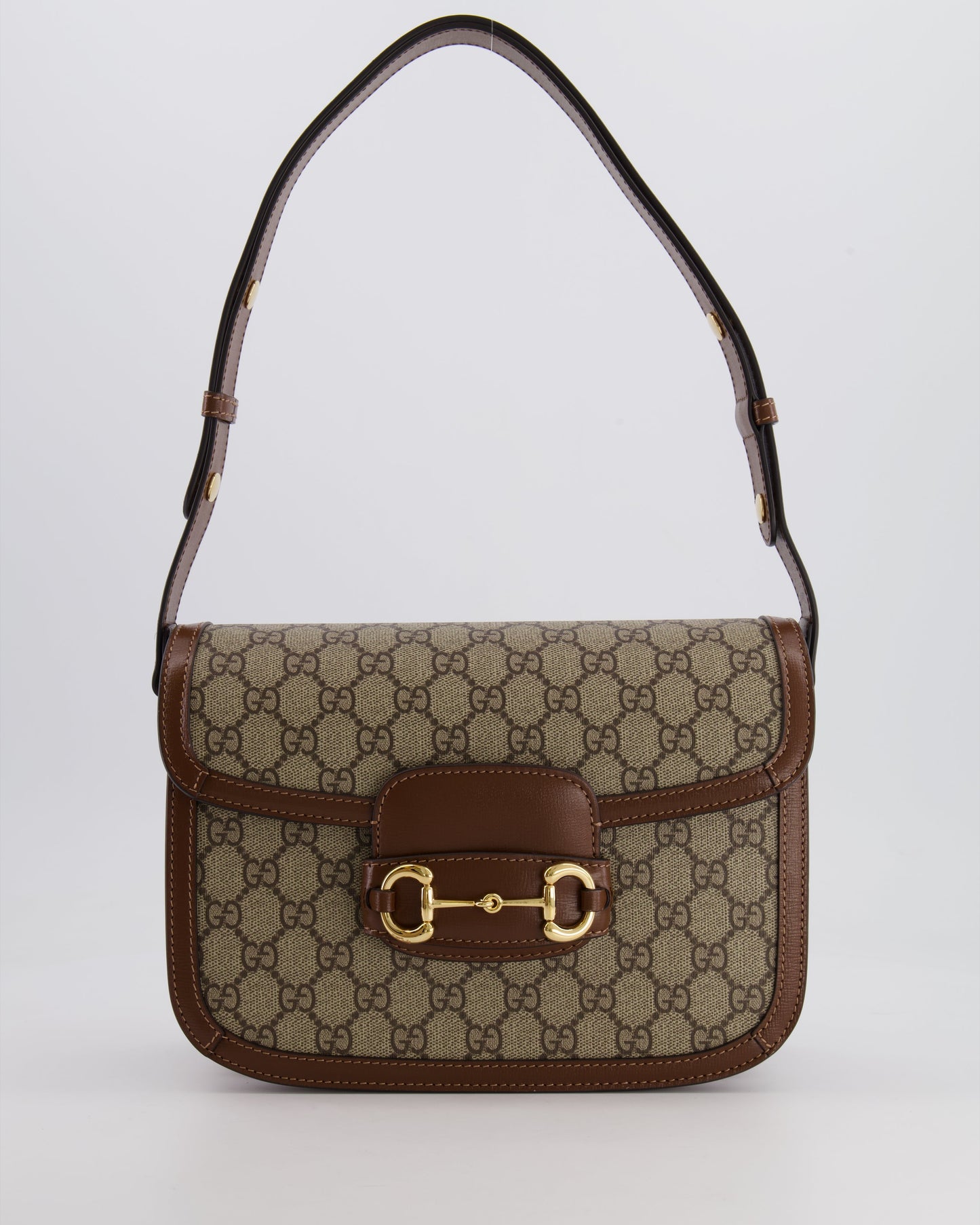Gucci Horsebit 1955 Medium Shoulder Bag in Beige/Dark Brown GG Supreme Monogram Canvas &amp; Brown Leather Trim with Gold Hardware RRP £2,400