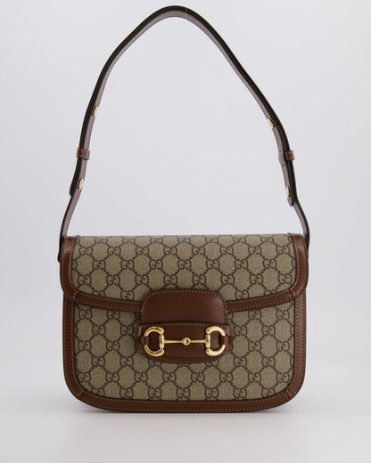 Gucci Horsebit 1955 Medium Shoulder Bag in Beige/Dark Brown GG Supreme Monogram Canvas & Brown Leather Trim with Gold Hardware RRP £2,400