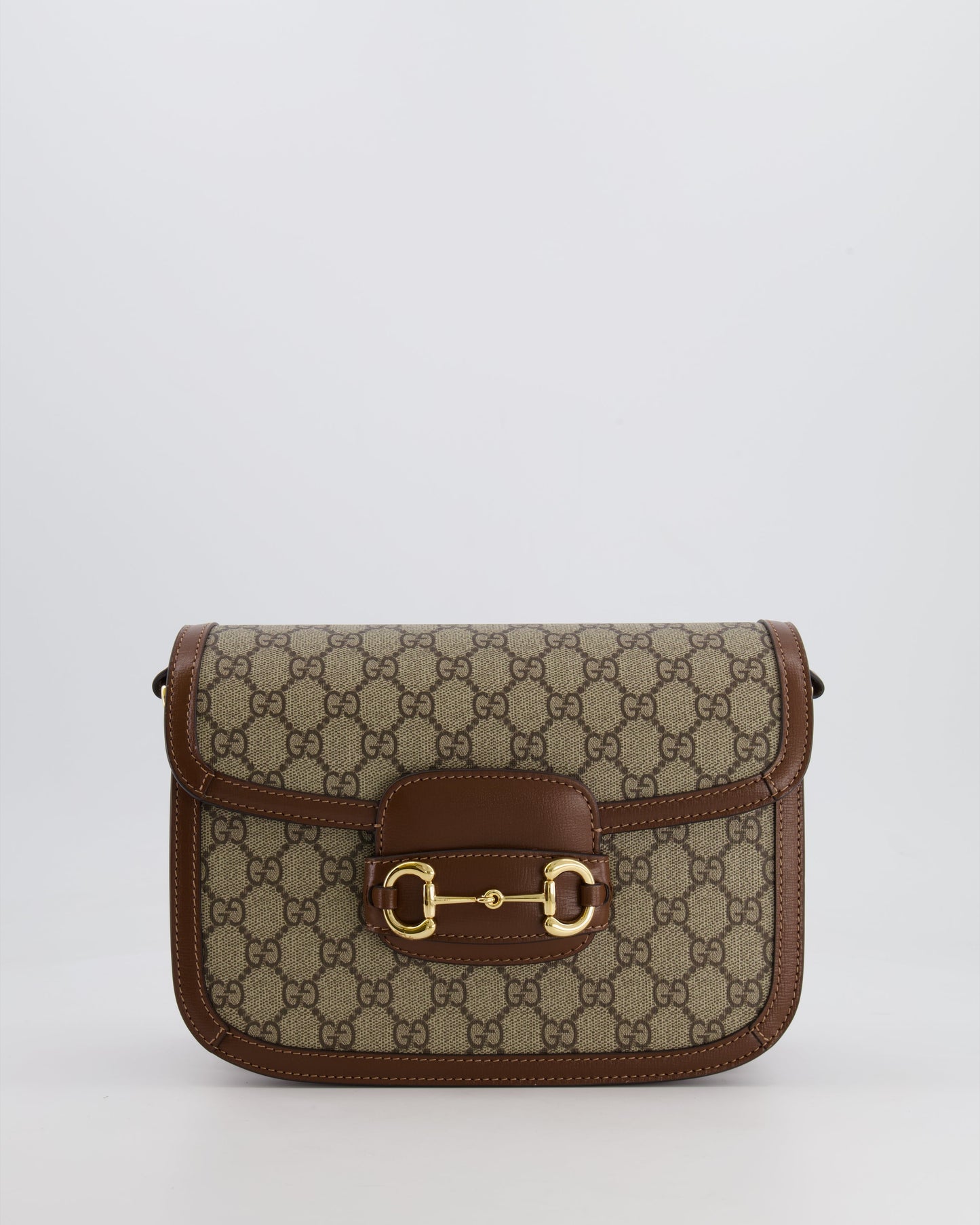 Gucci Horsebit 1955 Medium Shoulder Bag in Beige/Dark Brown GG Supreme Monogram Canvas &amp; Brown Leather Trim with Gold Hardware RRP £2,400