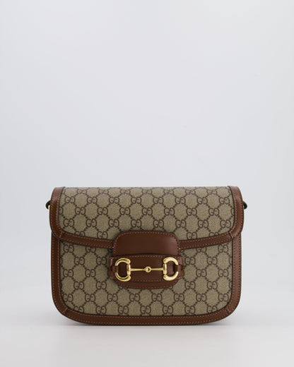 Gucci Horsebit 1955 Medium Shoulder Bag in Beige/Dark Brown GG Supreme Monogram Canvas & Brown Leather Trim with Gold Hardware RRP £2,400