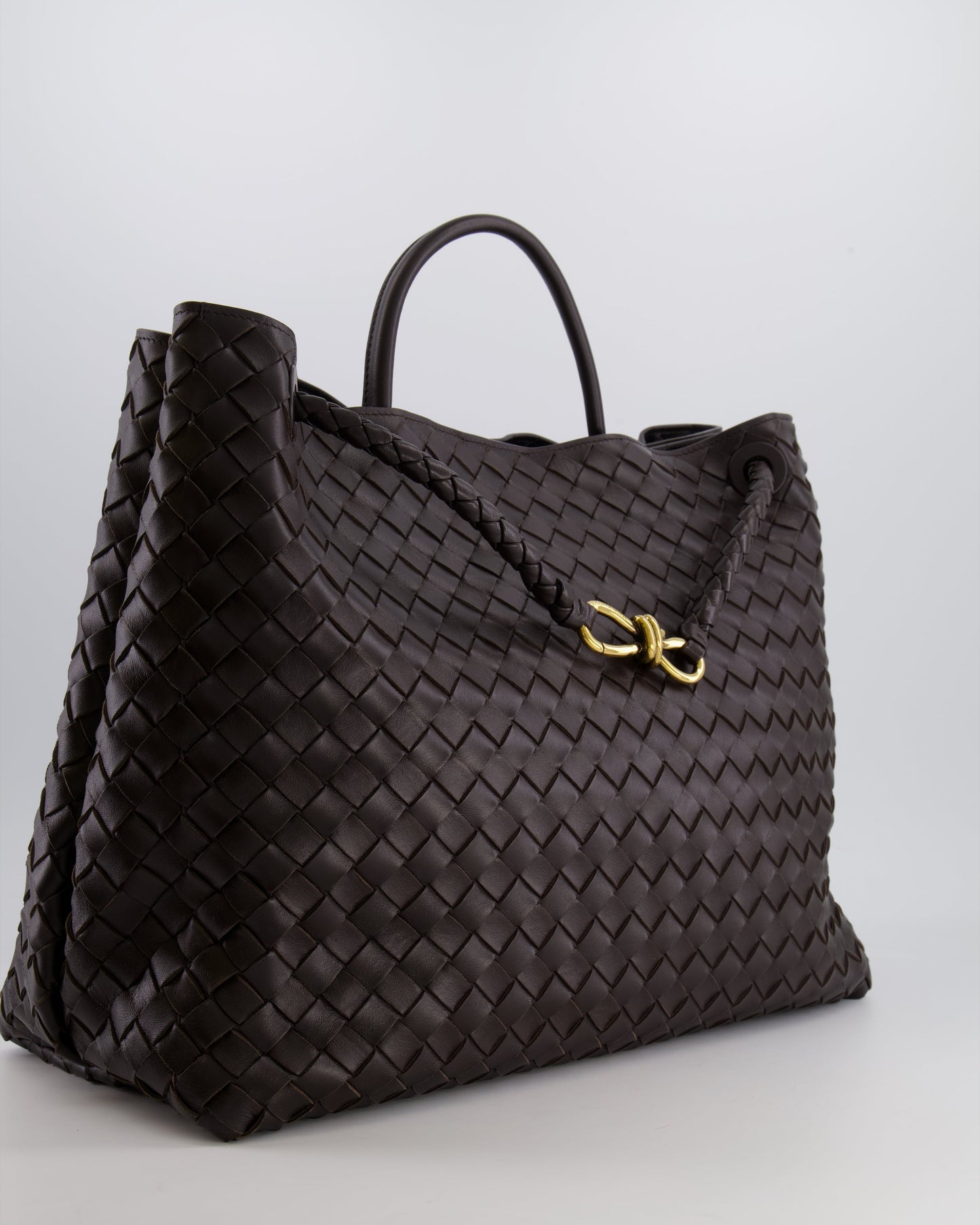 Bottega Veneta Fondant Andiamo Large Intrecciato Leather Top Handle Bag with Sliding Cross-Body and Gold Knot Hardware RRP £6,090