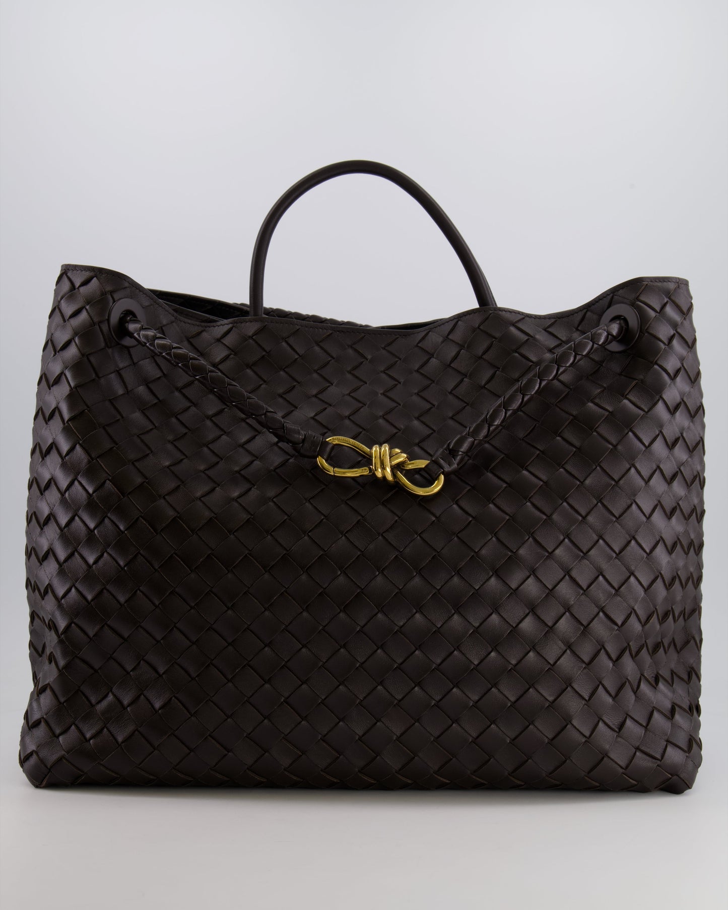 Bottega Veneta Fondant Andiamo Large Intrecciato Leather Top Handle Bag with Sliding Cross-Body and Gold Knot Hardware RRP £6,090