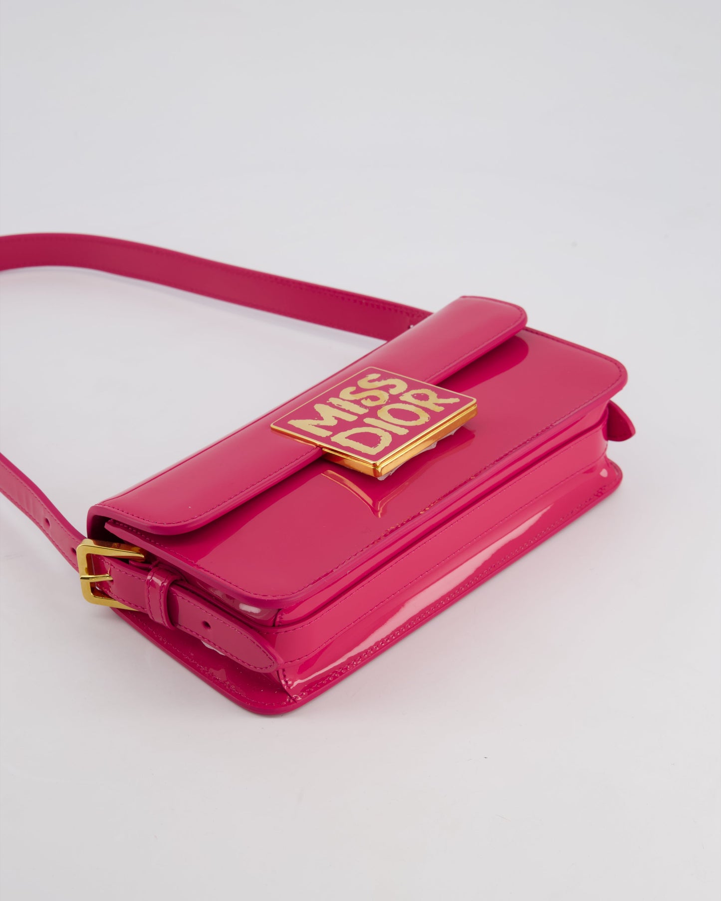 Christian Dior Fuchsia Miss Dior Flap Shoulder Bag in Patent Calfskin Leather with Gold Hardware RRP £3100