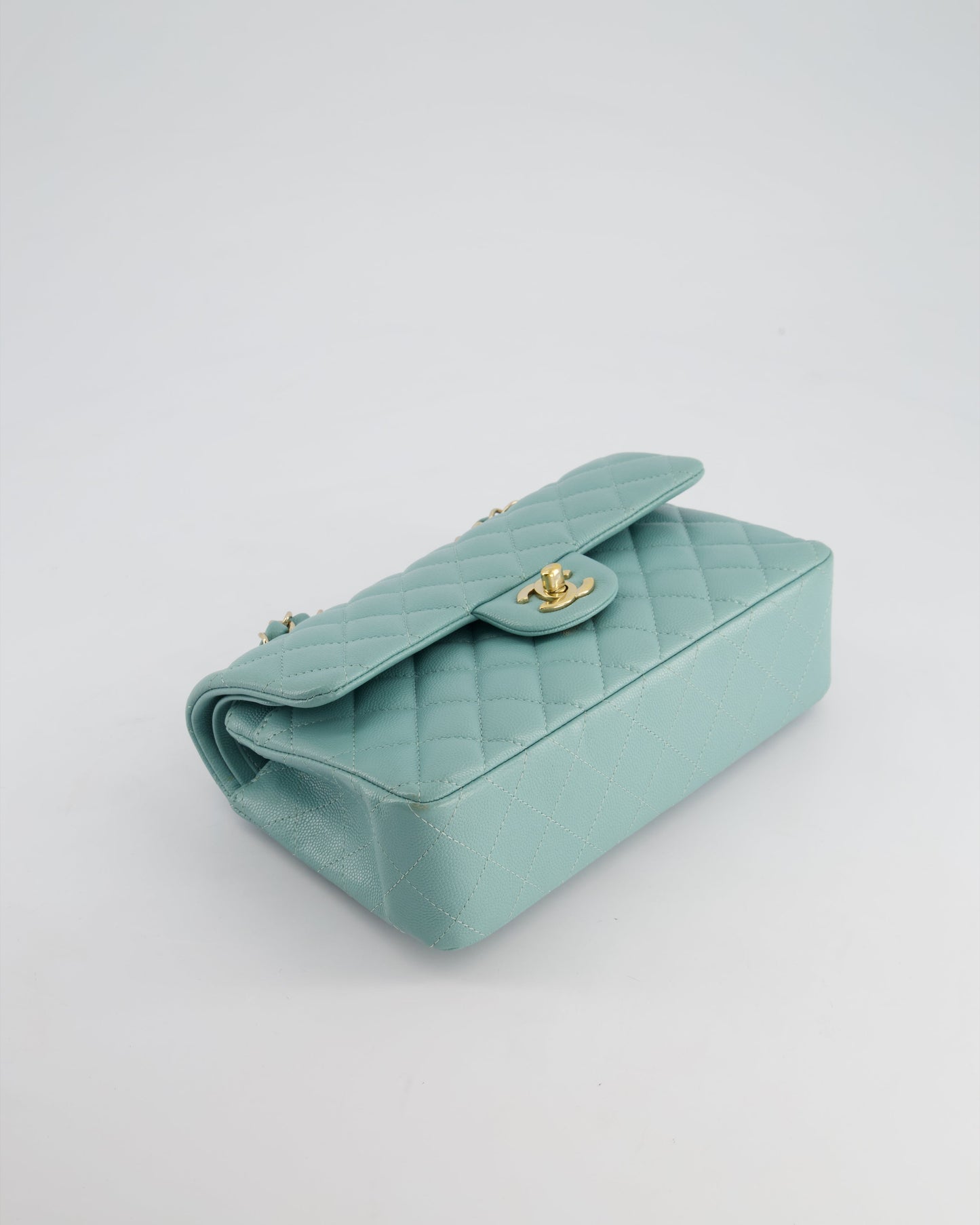 *HOT* Chanel Celeste Blue Small Classic Double Flap Bag in Caviar Leather with Champagne Gold Hardware