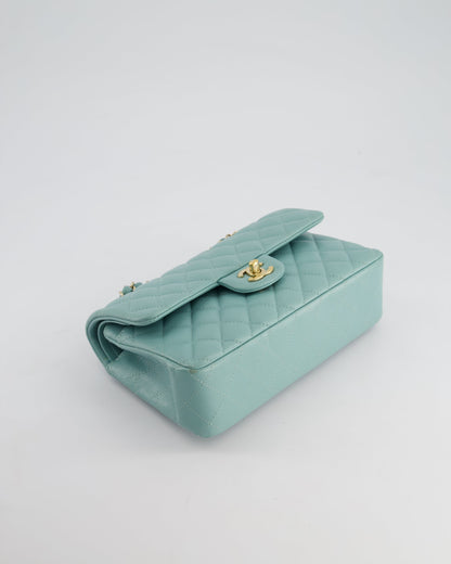 *HOT* Chanel Celeste Blue Small Classic Double Flap Bag in Caviar Leather with Champagne Gold Hardware