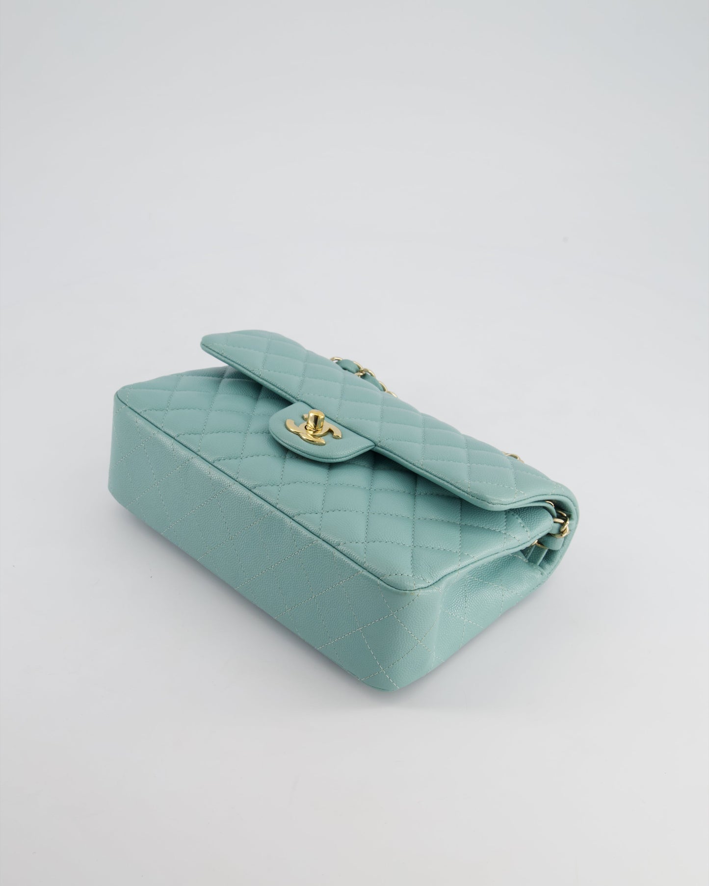 *HOT* Chanel Celeste Blue Small Classic Double Flap Bag in Caviar Leather with Champagne Gold Hardware