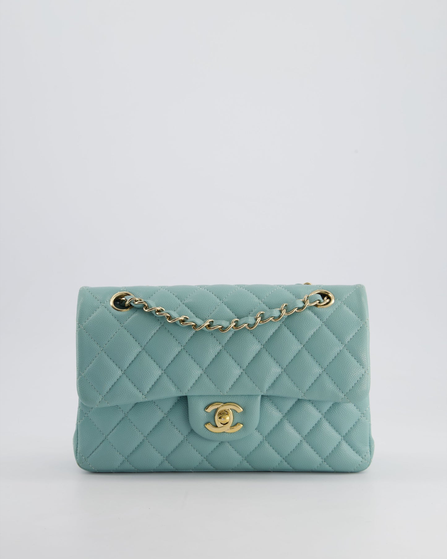 *HOT* Chanel Celeste Blue Small Classic Double Flap Bag in Caviar Leather with Champagne Gold Hardware