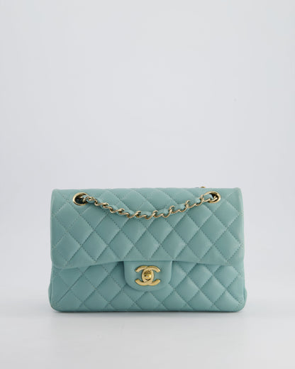 *HOT* Chanel Celeste Blue Small Classic Double Flap Bag in Caviar Leather with Champagne Gold Hardware