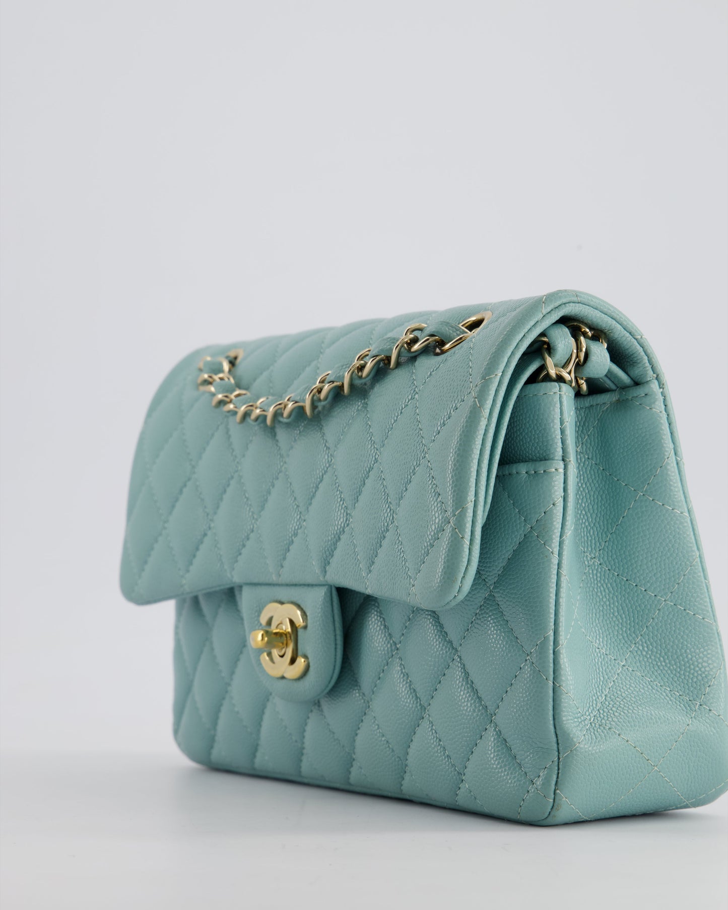 *HOT* Chanel Celeste Blue Small Classic Double Flap Bag in Caviar Leather with Champagne Gold Hardware
