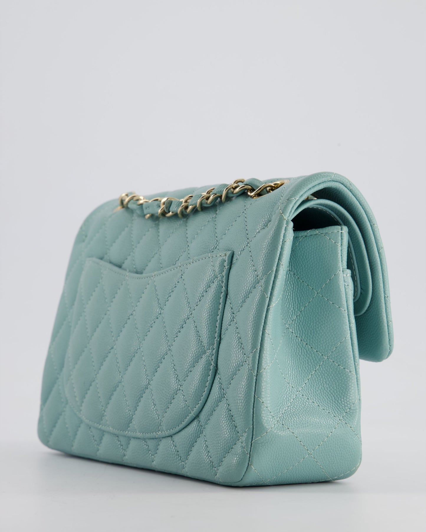 *HOT* Chanel Celeste Blue Small Classic Double Flap Bag in Caviar Leather with Champagne Gold Hardware