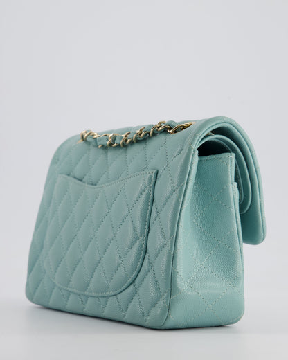 *HOT* Chanel Celeste Blue Small Classic Double Flap Bag in Caviar Leather with Champagne Gold Hardware