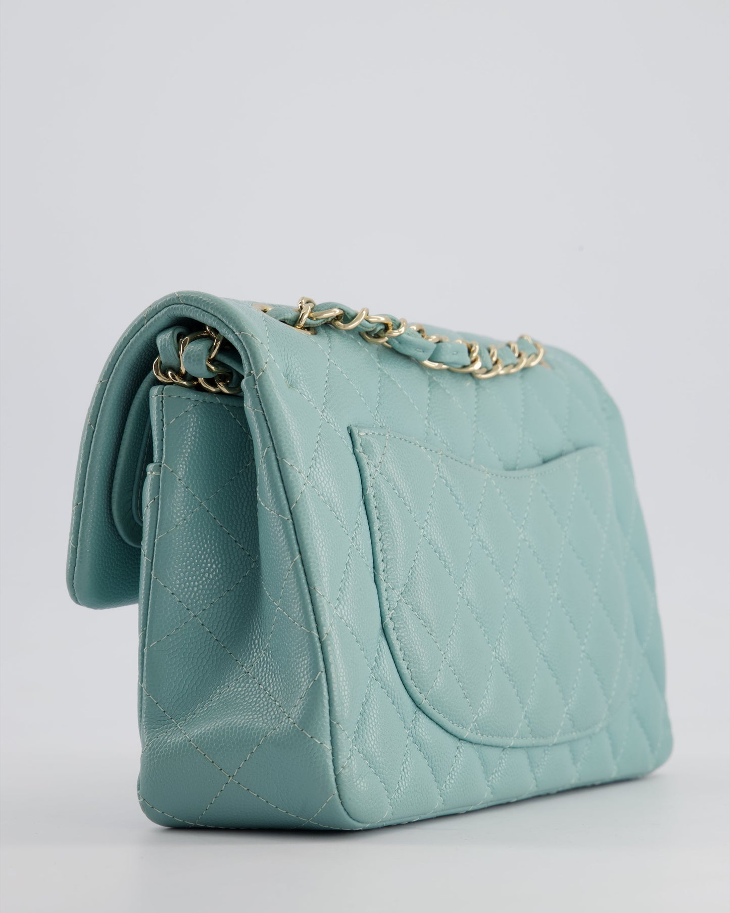 *HOT* Chanel Celeste Blue Small Classic Double Flap Bag in Caviar Leather with Champagne Gold Hardware