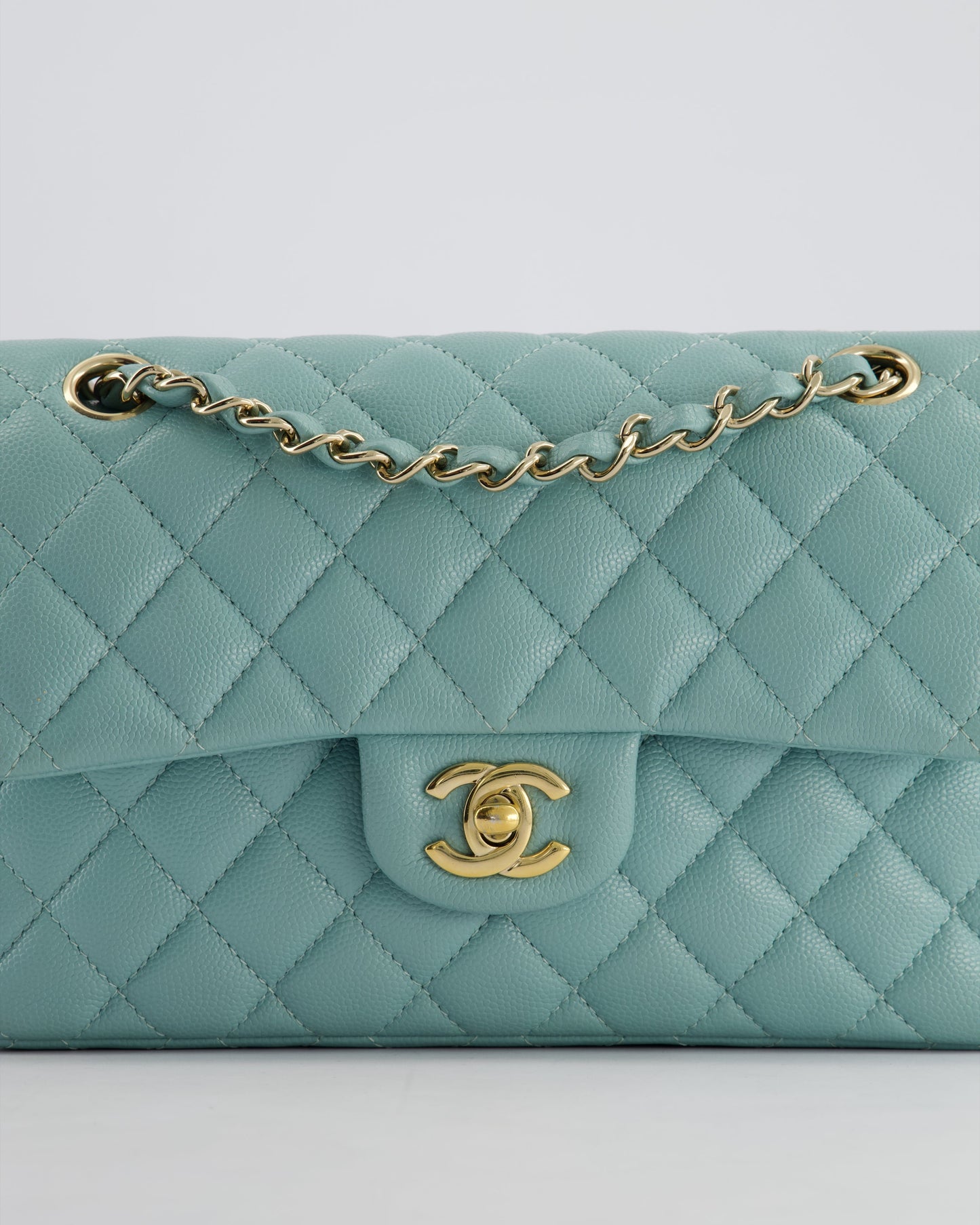 *HOT* Chanel Celeste Blue Small Classic Double Flap Bag in Caviar Leather with Champagne Gold Hardware