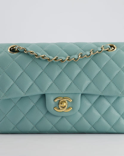 *HOT* Chanel Celeste Blue Small Classic Double Flap Bag in Caviar Leather with Champagne Gold Hardware