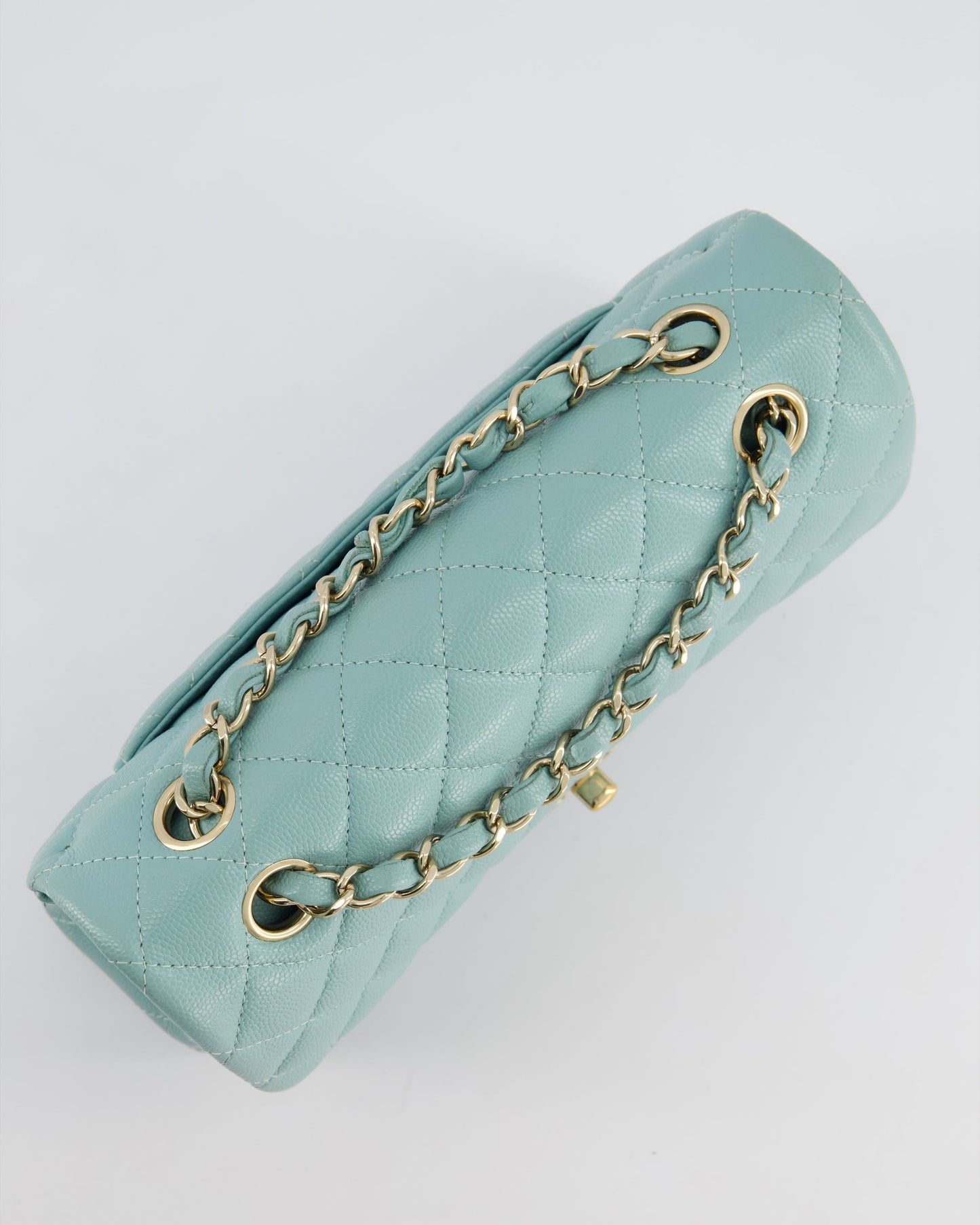 *HOT* Chanel Celeste Blue Small Classic Double Flap Bag in Caviar Leather with Champagne Gold Hardware