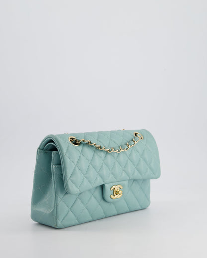 *HOT* Chanel Celeste Blue Small Classic Double Flap Bag in Caviar Leather with Champagne Gold Hardware