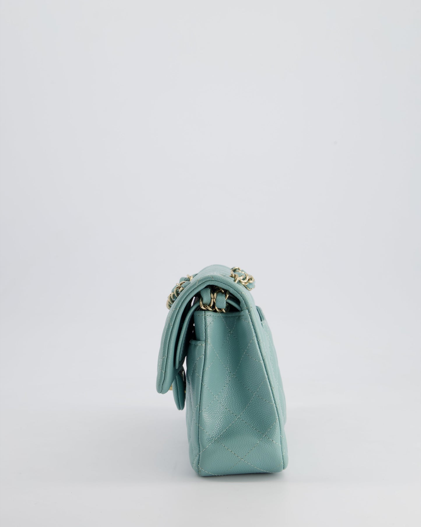 *HOT* Chanel Celeste Blue Small Classic Double Flap Bag in Caviar Leather with Champagne Gold Hardware