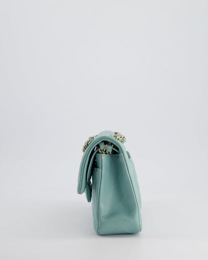 *HOT* Chanel Celeste Blue Small Classic Double Flap Bag in Caviar Leather with Champagne Gold Hardware