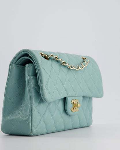 *HOT* Chanel Celeste Blue Small Classic Double Flap Bag in Caviar Leather with Champagne Gold Hardware