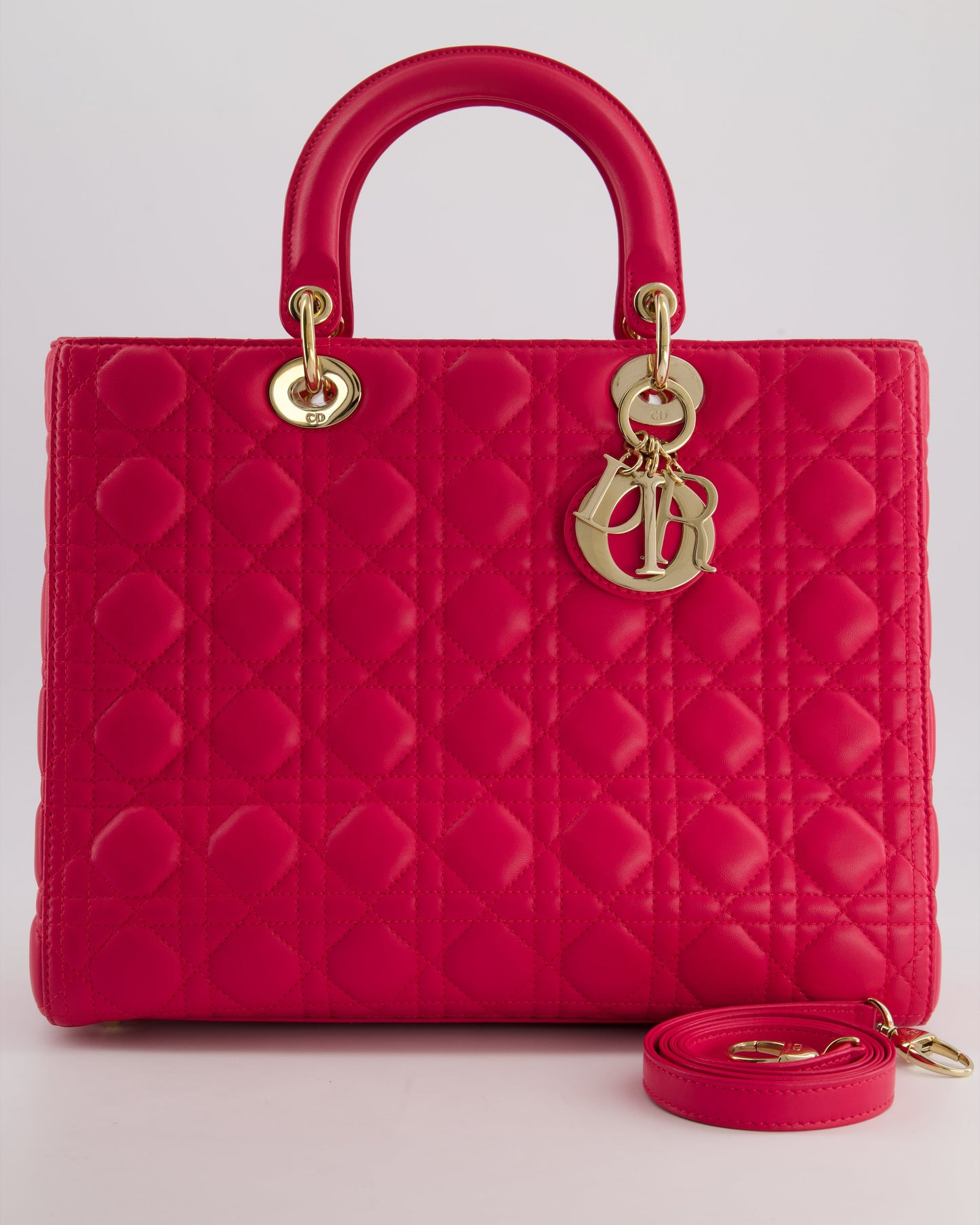 Christian Dior Large Lady Dior Bag in Hot Pink Lambskin Leather with Gold Hardware