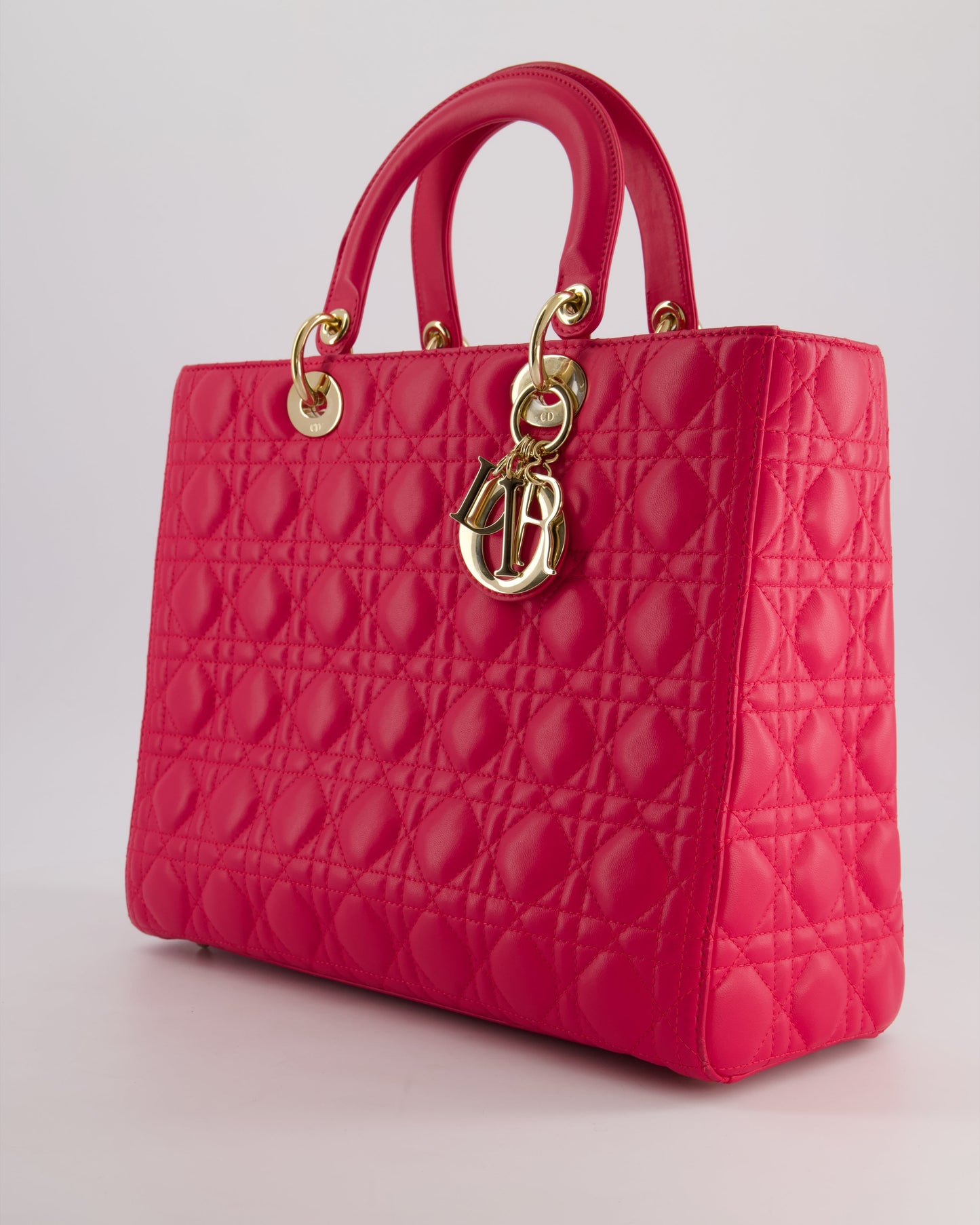 Christian Dior Large Lady Dior Bag in Hot Pink Lambskin Leather with Gold Hardware