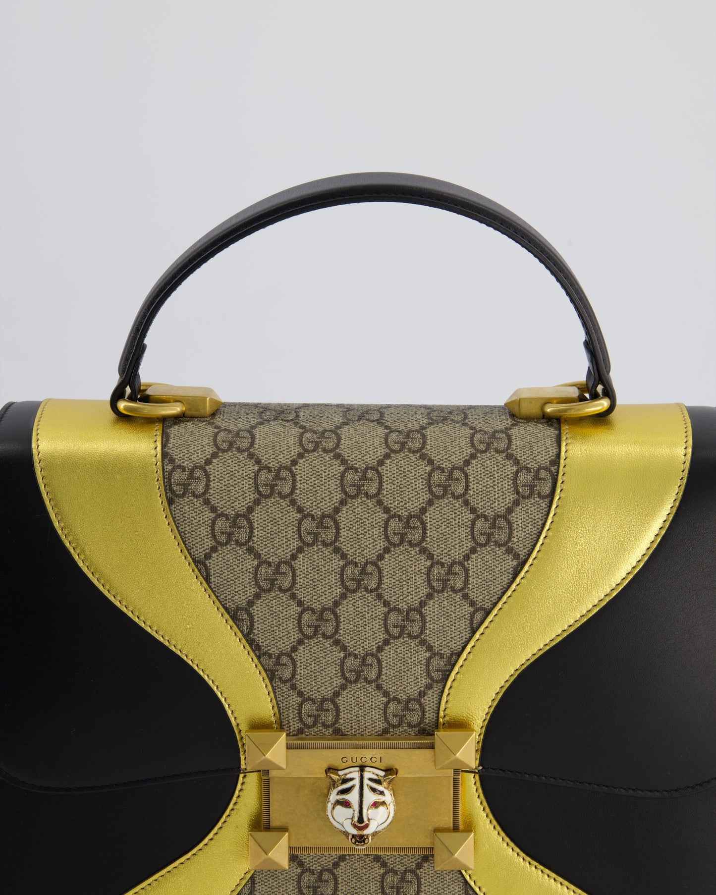 Gucci Black & Gold Osiride Large Flap Bag in Monogram & Leather with Brushed Gold Hardware