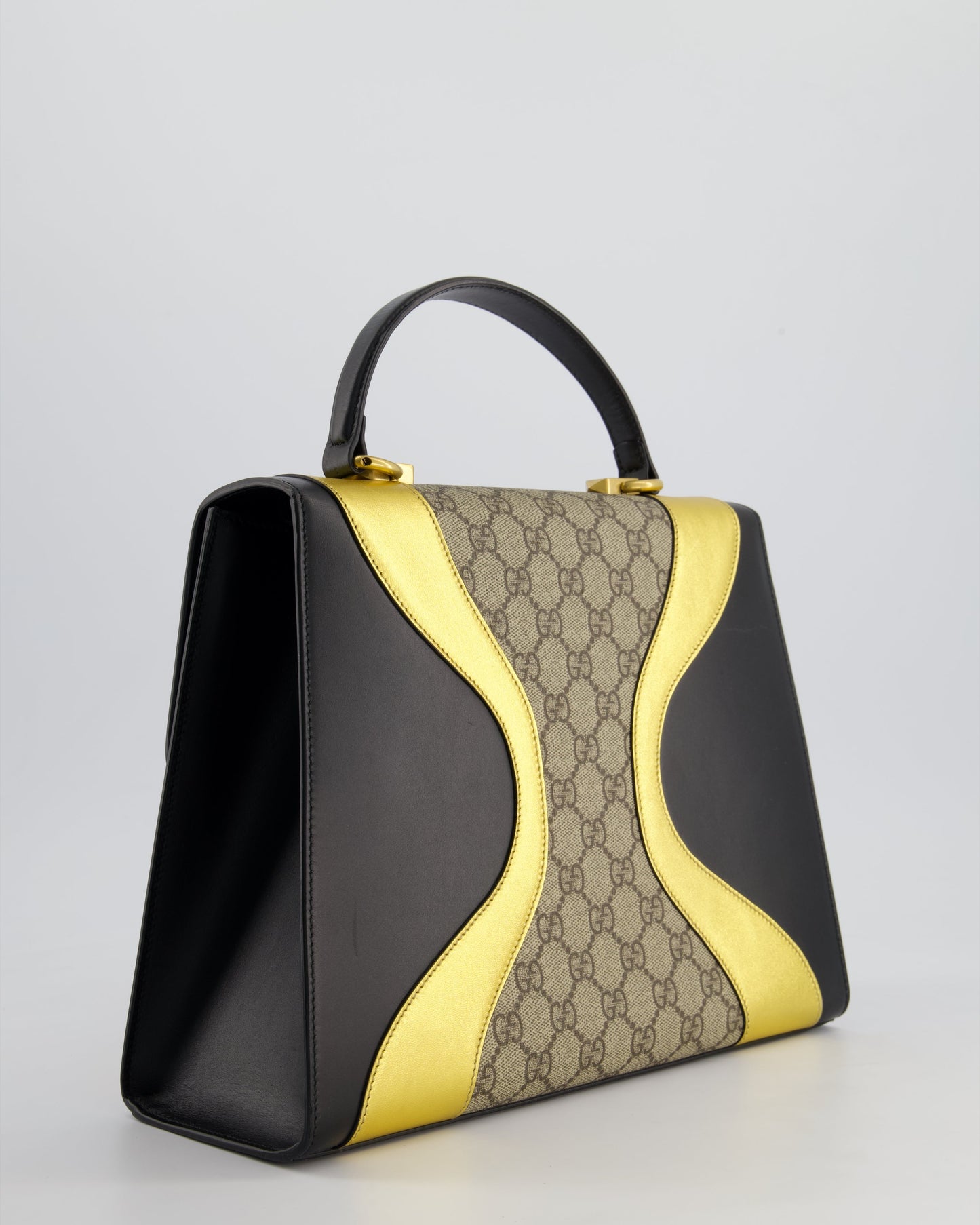 Gucci Black & Gold Osiride Large Flap Bag in Monogram & Leather with Brushed Gold Hardware