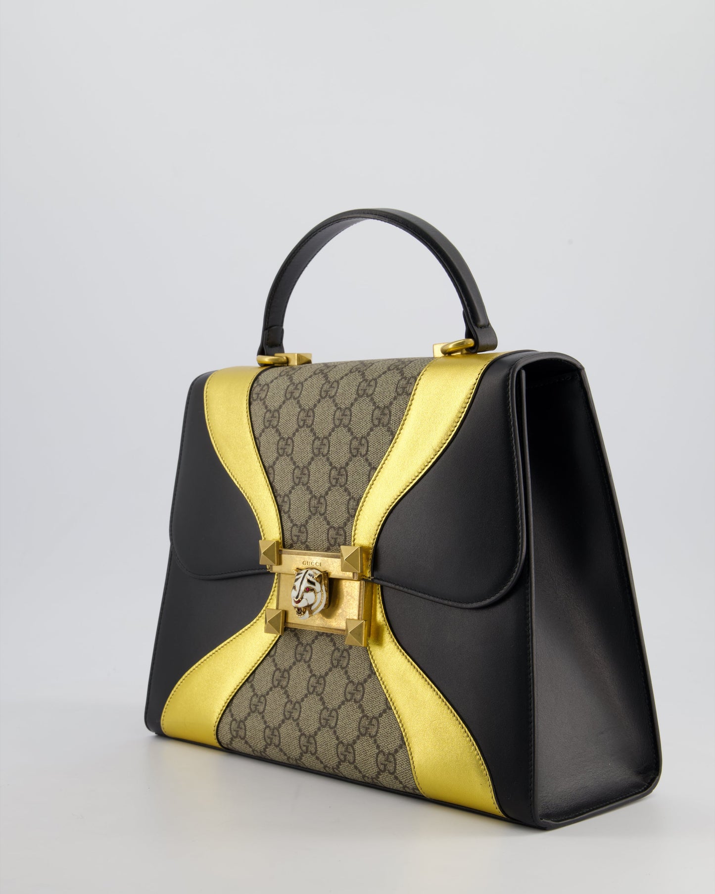 Gucci Black & Gold Osiride Large Flap Bag in Monogram & Leather with Brushed Gold Hardware