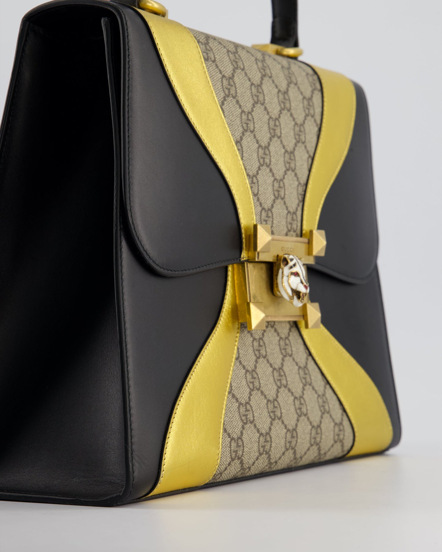 Gucci Black & Gold Osiride Large Flap Bag in Monogram & Leather with Brushed Gold Hardware